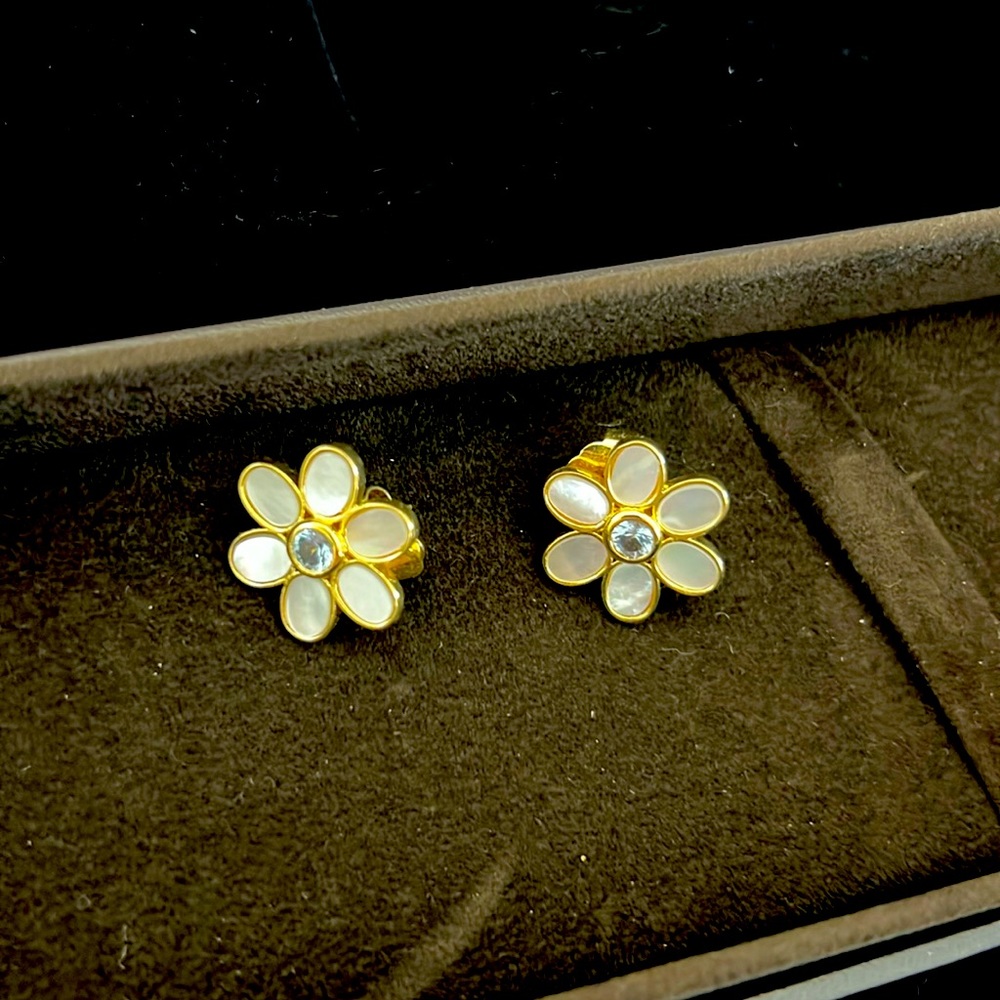 Asha by Ashley McCormick 14k gold dipped MOP with blue topaz center earrings.